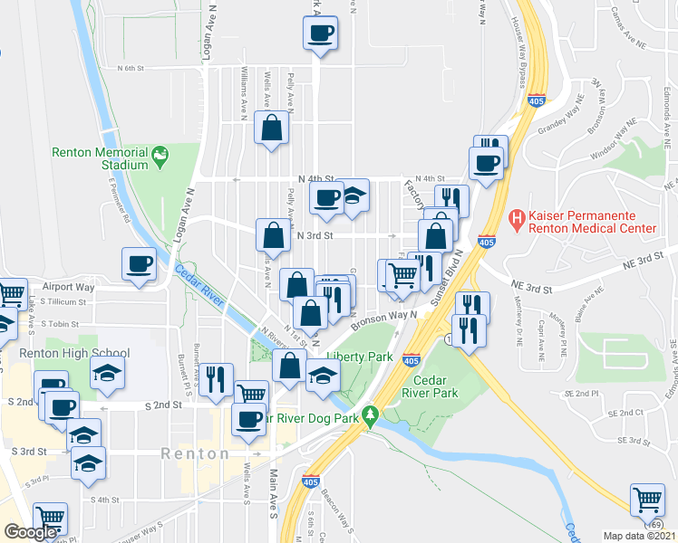 map of restaurants, bars, coffee shops, grocery stores, and more near 217 Garden Avenue North in Renton