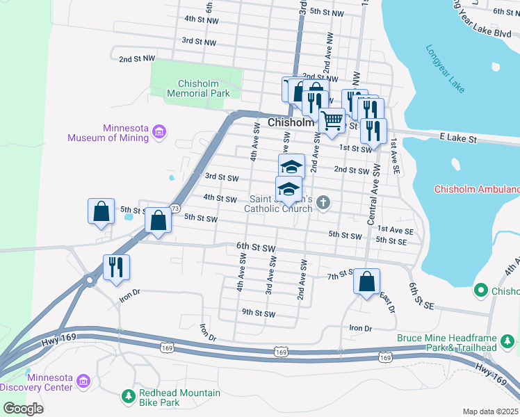 map of restaurants, bars, coffee shops, grocery stores, and more near 325 4th Street Southwest in Chisholm