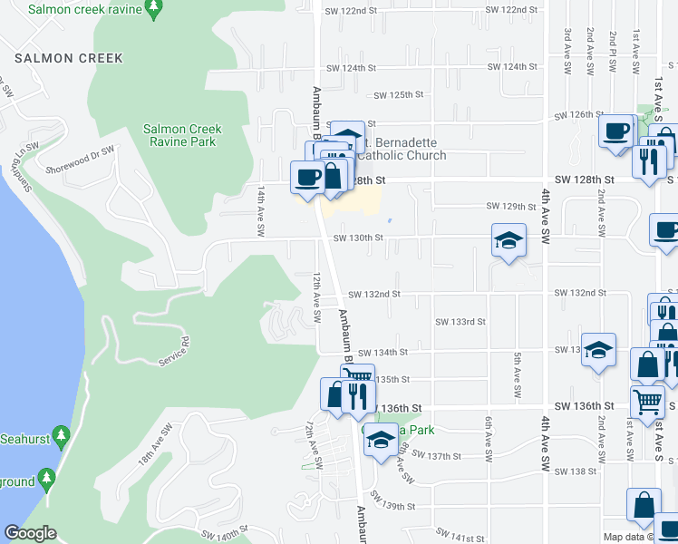 map of restaurants, bars, coffee shops, grocery stores, and more near 13036 Ambaum Boulevard Southwest in Burien
