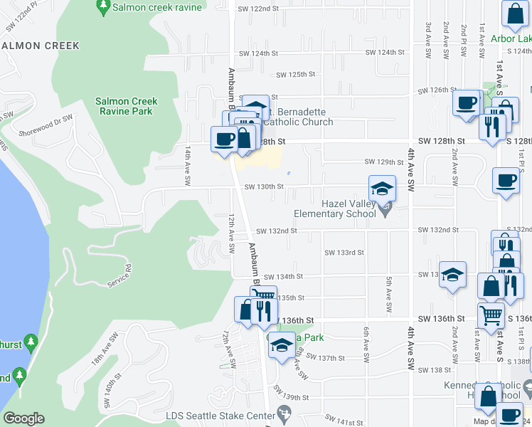 map of restaurants, bars, coffee shops, grocery stores, and more near 13032 Ambaum Boulevard Southwest in Burien