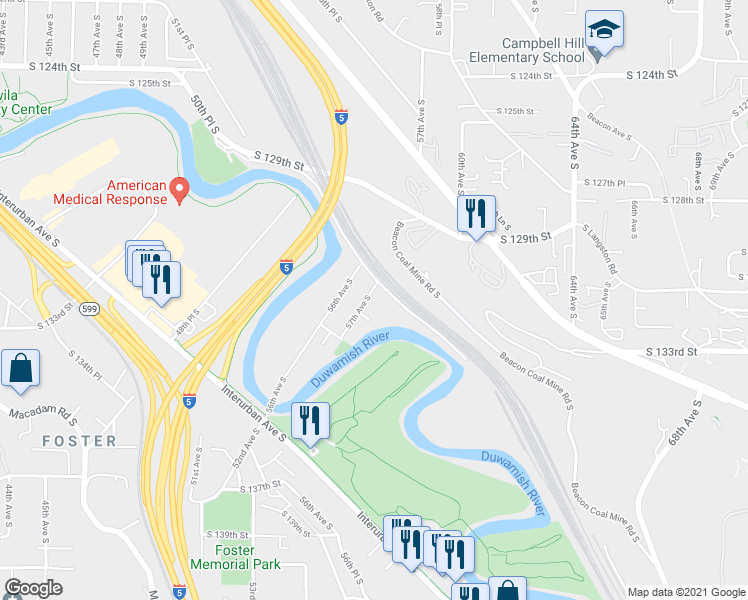 map of restaurants, bars, coffee shops, grocery stores, and more near 13013 57th Avenue South in Tukwila