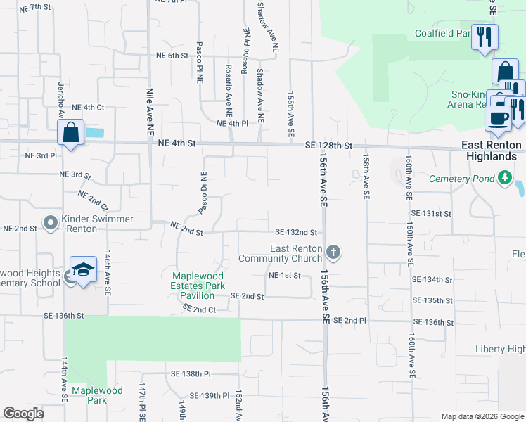 map of restaurants, bars, coffee shops, grocery stores, and more near 221 Shadow Avenue Northeast in Renton