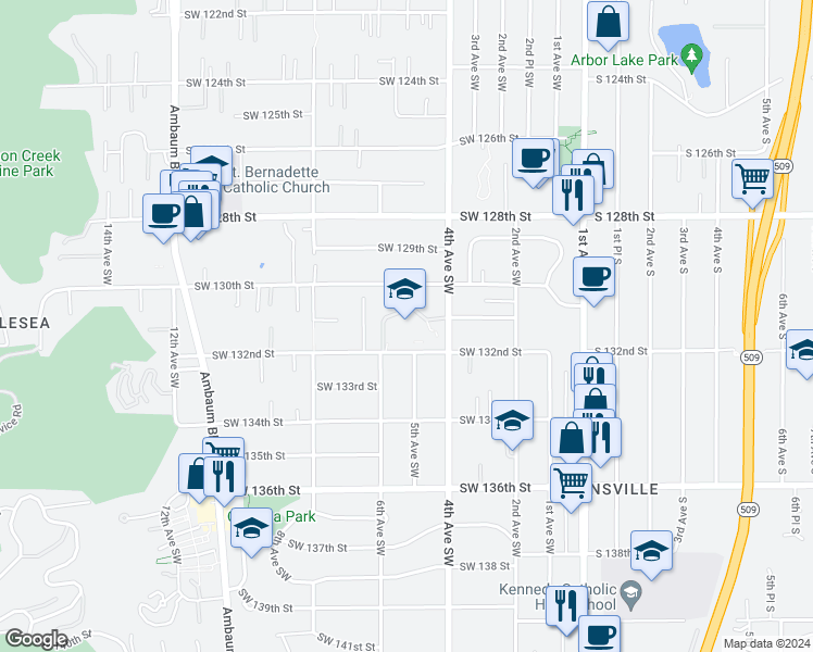 map of restaurants, bars, coffee shops, grocery stores, and more near 402 Southwest 132nd Street in Burien