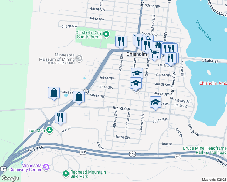 map of restaurants, bars, coffee shops, grocery stores, and more near 421 4th Street Southwest in Chisholm
