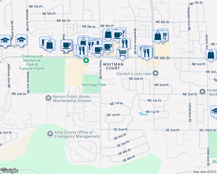 map of restaurants, bars, coffee shops, grocery stores, and more near 4115 Northeast 2nd Place in Renton