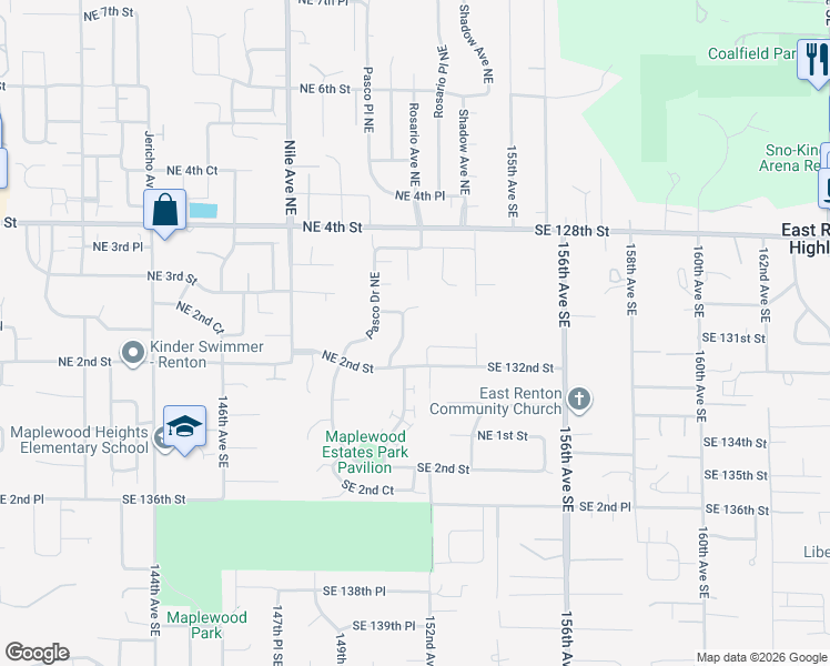 map of restaurants, bars, coffee shops, grocery stores, and more near 6102 Northeast 2nd Lane in Renton