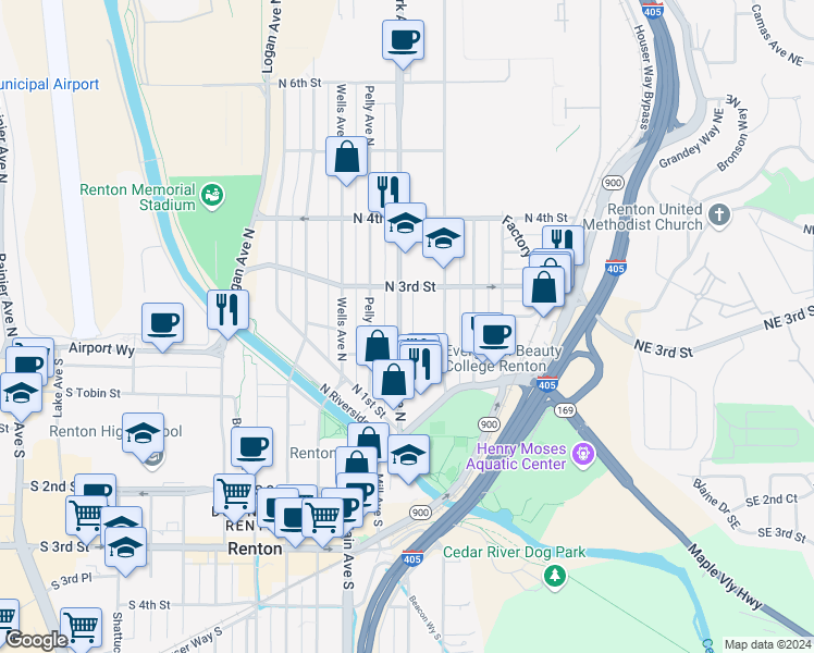 map of restaurants, bars, coffee shops, grocery stores, and more near 216 Park Avenue North in Renton