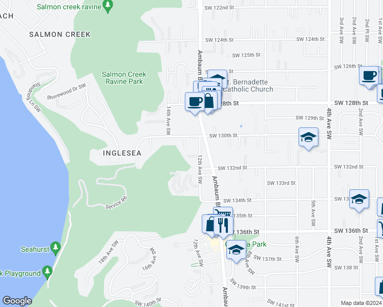 map of restaurants, bars, coffee shops, grocery stores, and more near 1218 Southwest 130th Lane in Burien