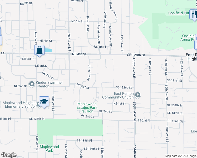 map of restaurants, bars, coffee shops, grocery stores, and more near 6102 Northeast 2nd Lane in Renton