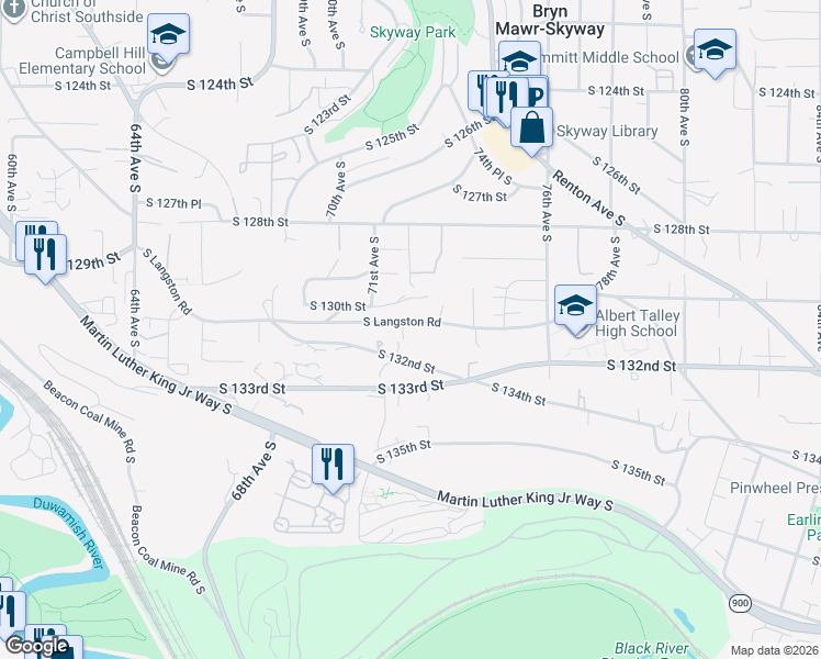 map of restaurants, bars, coffee shops, grocery stores, and more near 7207 South 131st Street in Seattle