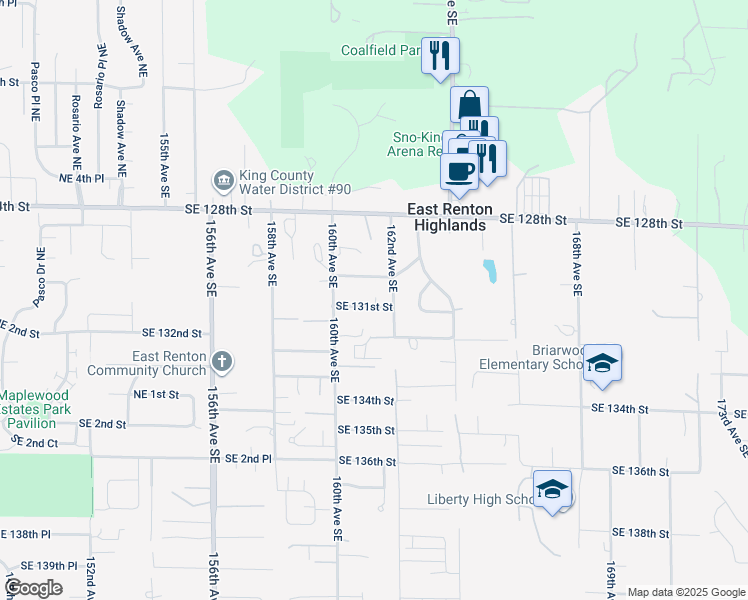 map of restaurants, bars, coffee shops, grocery stores, and more near 16044 Southeast 131st Street in Renton