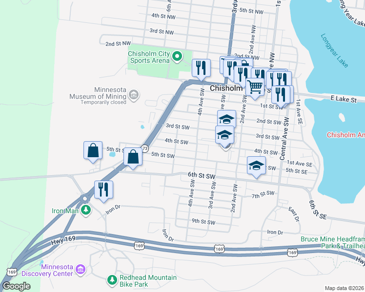 map of restaurants, bars, coffee shops, grocery stores, and more near 421 4th Street Southwest in Chisholm