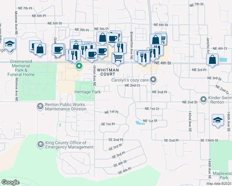 map of restaurants, bars, coffee shops, grocery stores, and more near 215 Whitman Place Northeast in Renton