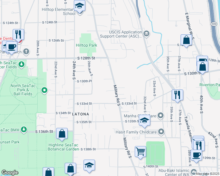map of restaurants, bars, coffee shops, grocery stores, and more near 2731 South 131st Street in SeaTac