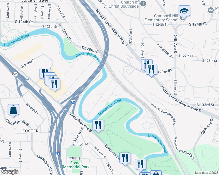 map of restaurants, bars, coffee shops, grocery stores, and more near 13036 57th Avenue South in Tukwila
