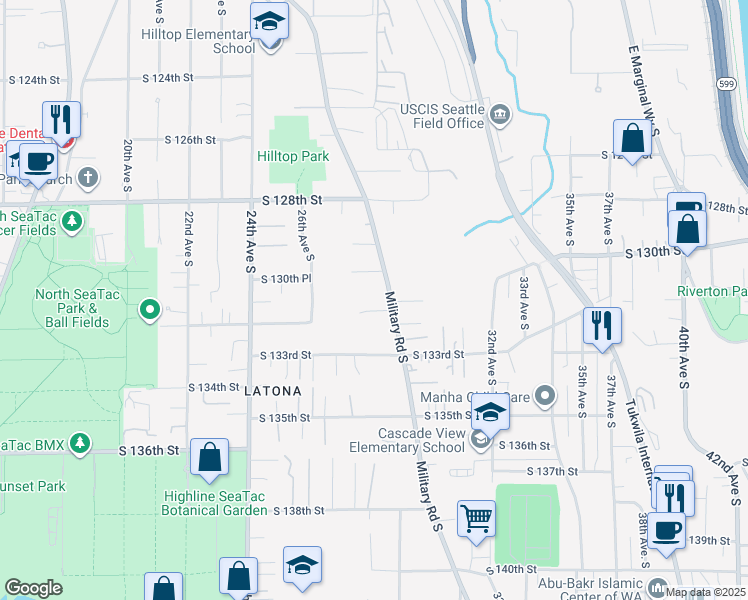map of restaurants, bars, coffee shops, grocery stores, and more near 2731 South 131st Street in SeaTac