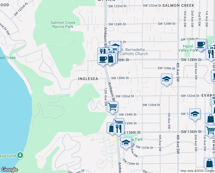 map of restaurants, bars, coffee shops, grocery stores, and more near 13036 Ambaum Boulevard Southwest in Burien