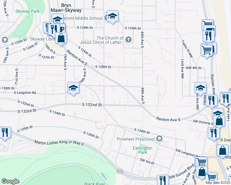 map of restaurants, bars, coffee shops, grocery stores, and more near 8031 South 130th Street in Seattle