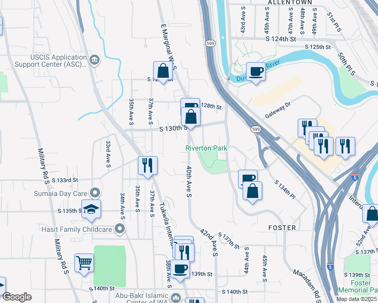 map of restaurants, bars, coffee shops, grocery stores, and more near 13051 40th Ave S in Tukwila