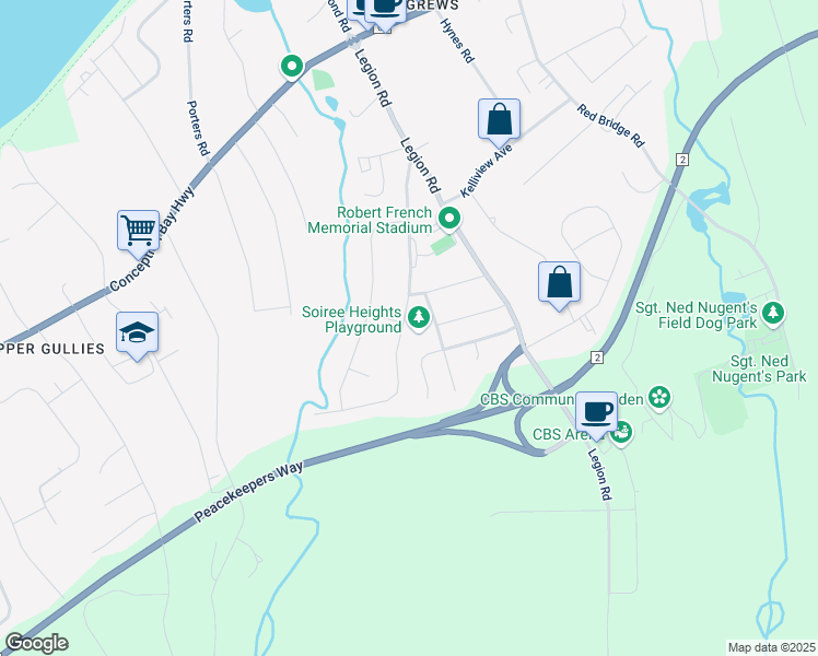 map of restaurants, bars, coffee shops, grocery stores, and more near 65 Hibbs Road in Conception Bay South