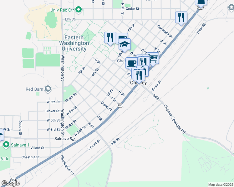 map of restaurants, bars, coffee shops, grocery stores, and more near 109 2nd Street in Cheney