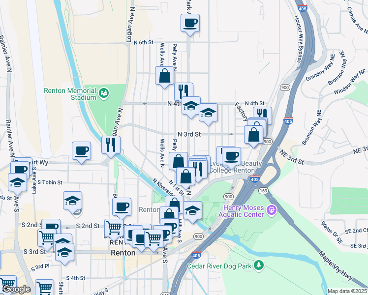 map of restaurants, bars, coffee shops, grocery stores, and more near 216 Park Avenue North in Renton