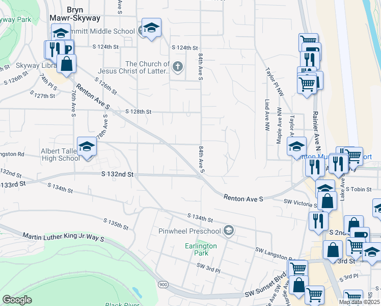 map of restaurants, bars, coffee shops, grocery stores, and more near 13045 Renton Avenue South in Seattle