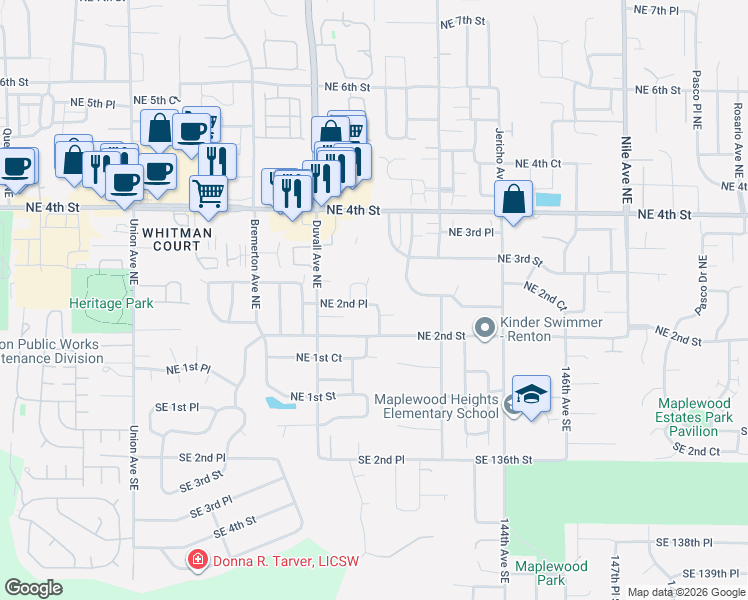 map of restaurants, bars, coffee shops, grocery stores, and more near 254 Elma Court Northeast in Renton