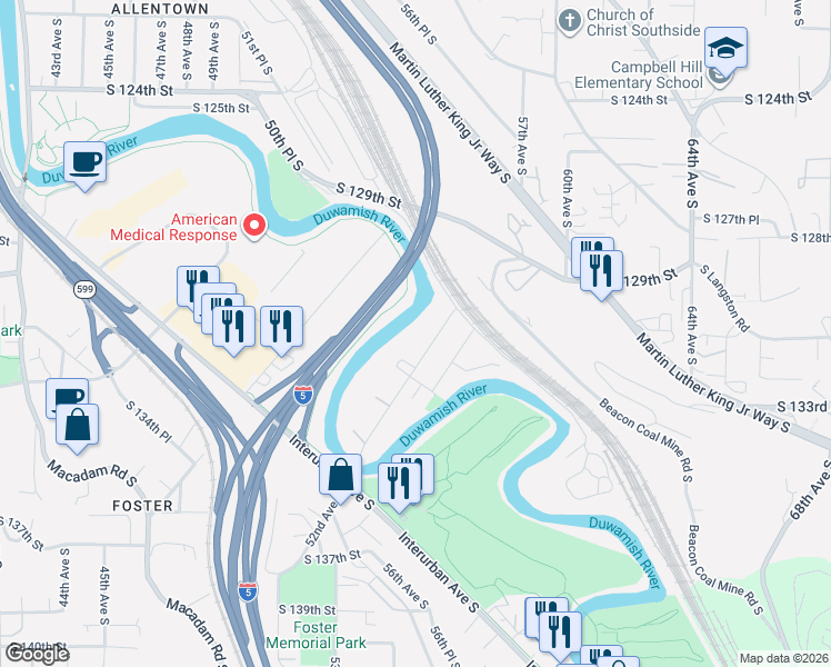 map of restaurants, bars, coffee shops, grocery stores, and more near 13041 56th Avenue South in Tukwila