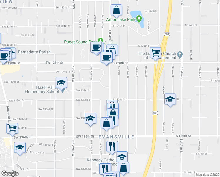 map of restaurants, bars, coffee shops, grocery stores, and more near 13018 1st Ave S in Burien