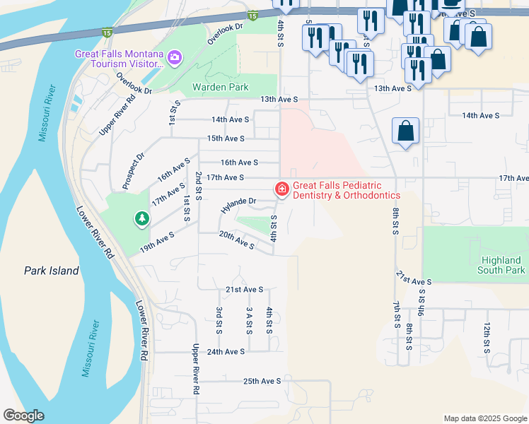 map of restaurants, bars, coffee shops, grocery stores, and more near 1900 4th Street South in Great Falls