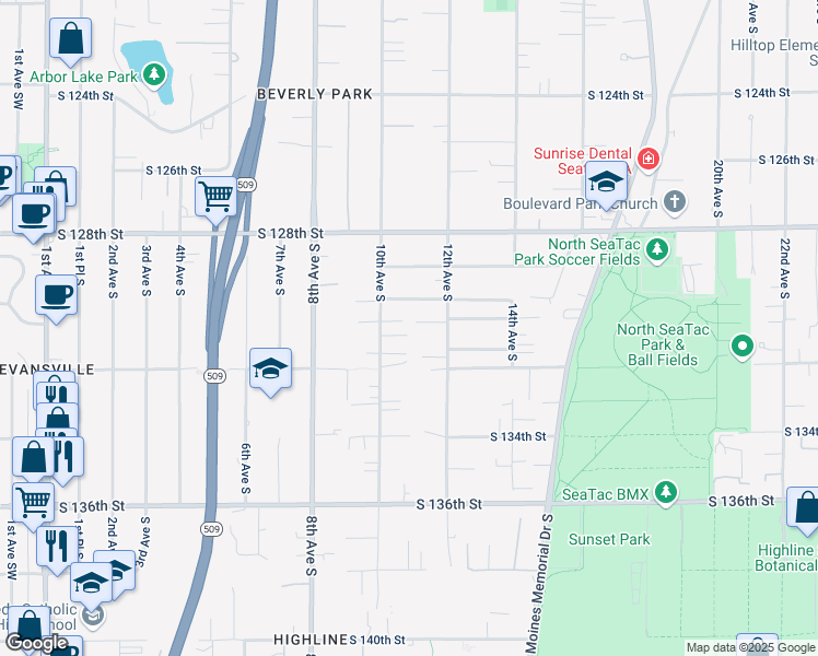 map of restaurants, bars, coffee shops, grocery stores, and more near 13115 12th Avenue South in Burien