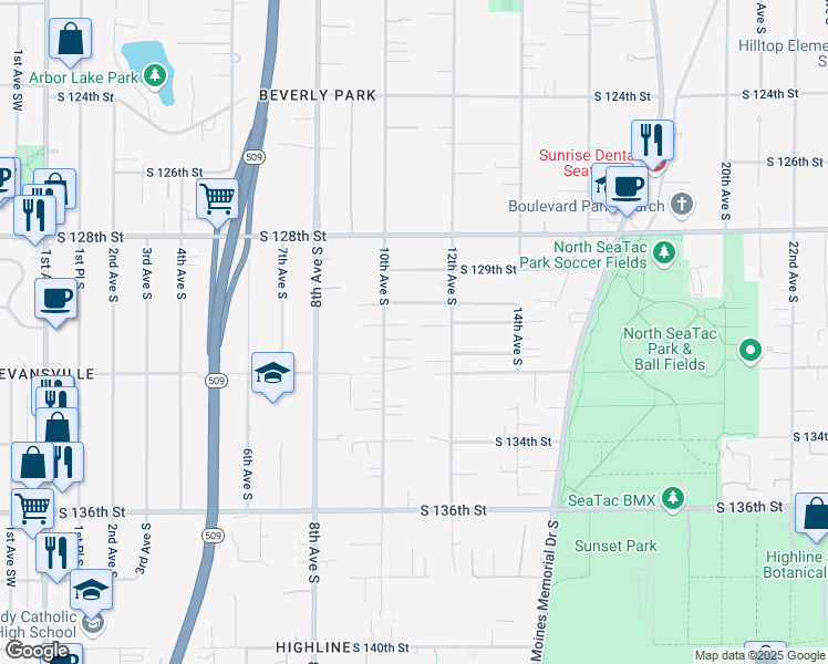 map of restaurants, bars, coffee shops, grocery stores, and more near 13115 12th Avenue South in Burien