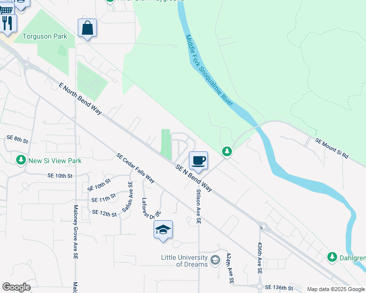 map of restaurants, bars, coffee shops, grocery stores, and more near 43010 Southeast North Bend Way in North Bend