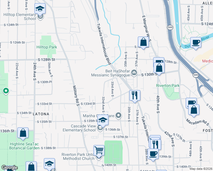 map of restaurants, bars, coffee shops, grocery stores, and more near 13032 32nd Avenue South in Seattle