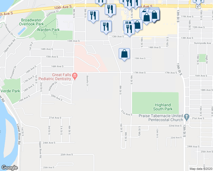 map of restaurants, bars, coffee shops, grocery stores, and more near 600 17th Avenue South in Great Falls
