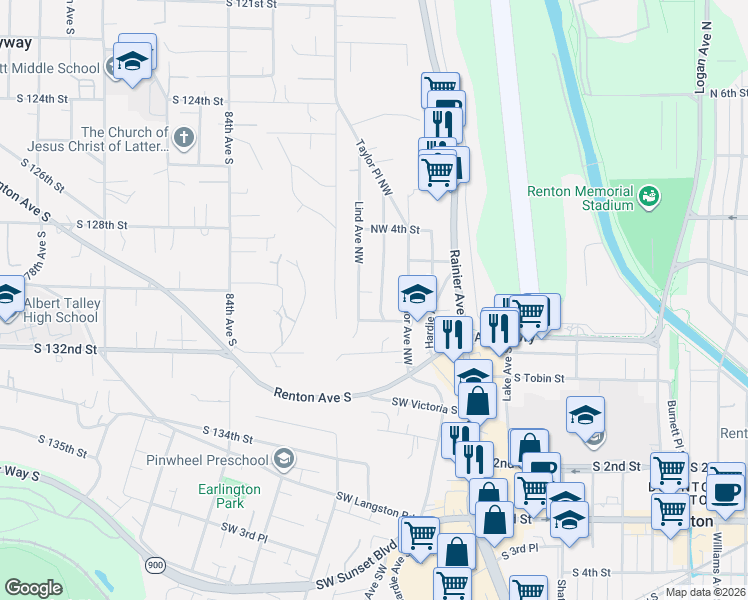 map of restaurants, bars, coffee shops, grocery stores, and more near 309 Northwest 2nd Place in Renton
