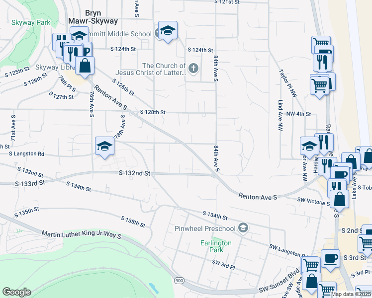 map of restaurants, bars, coffee shops, grocery stores, and more near 13131 83rd Lane South in Seattle