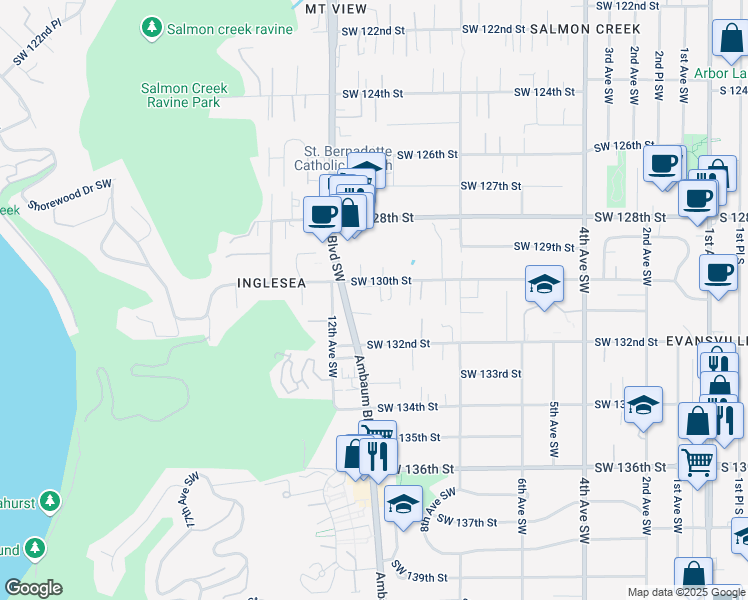 map of restaurants, bars, coffee shops, grocery stores, and more near 13032 Ambaum Boulevard Southwest in Burien