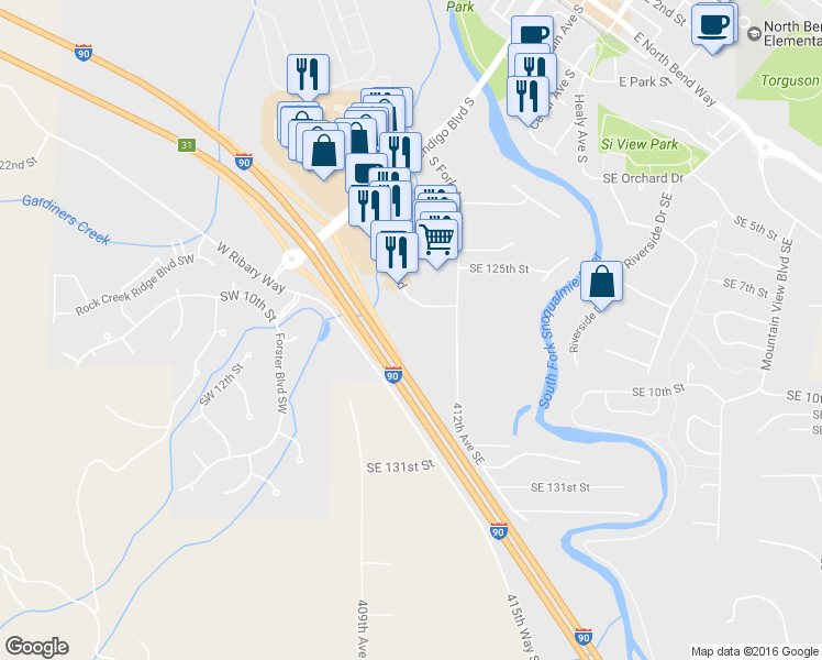 map of restaurants, bars, coffee shops, grocery stores, and more near 527 Southwest Mount Si Boulevard in North Bend