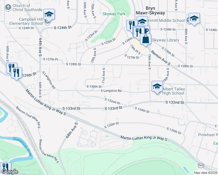 map of restaurants, bars, coffee shops, grocery stores, and more near 7207 South 131st Street in Seattle