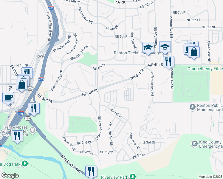 map of restaurants, bars, coffee shops, grocery stores, and more near 239 Ferndale Court Northeast in Renton