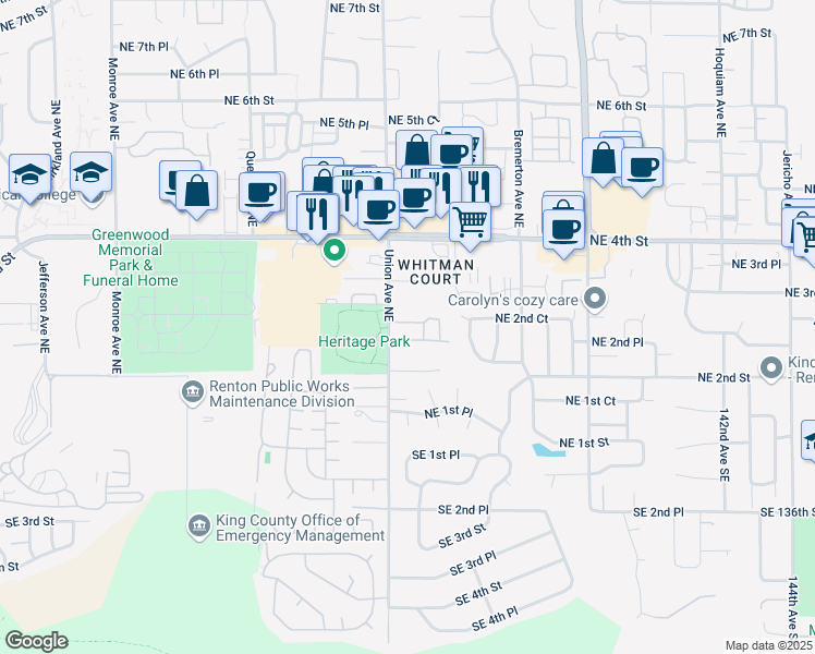 map of restaurants, bars, coffee shops, grocery stores, and more near 4115 Northeast 2nd Place in Renton