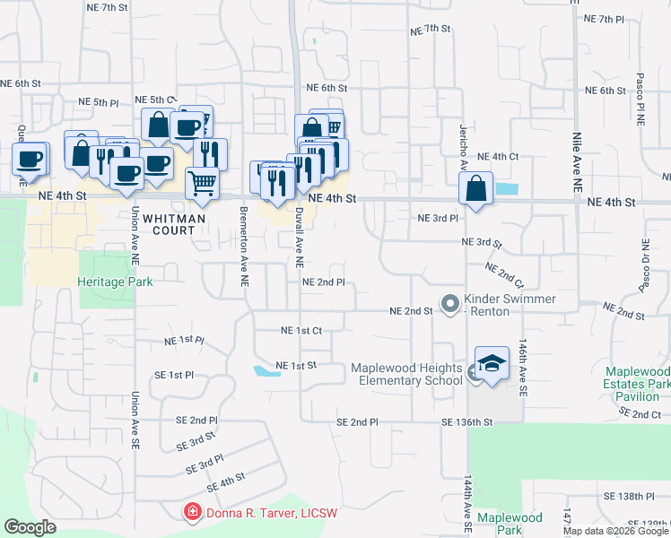 map of restaurants, bars, coffee shops, grocery stores, and more near 225 Field Avenue Northeast in Renton
