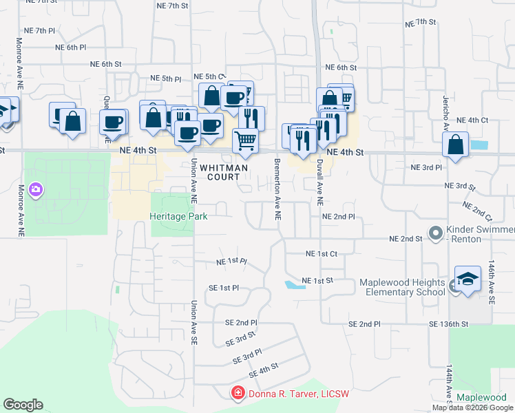 map of restaurants, bars, coffee shops, grocery stores, and more near 4410 Northeast 2nd Lane in Renton