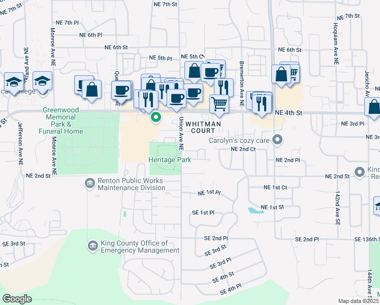 map of restaurants, bars, coffee shops, grocery stores, and more near 4115 Northeast 2nd Place in Renton