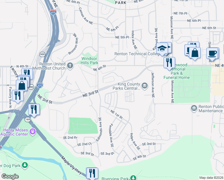 map of restaurants, bars, coffee shops, grocery stores, and more near 239 Ferndale Court Northeast in Renton