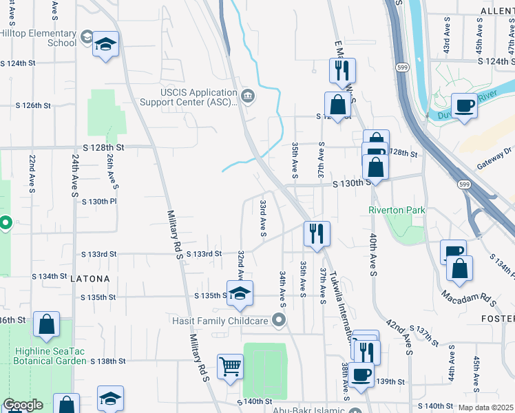 map of restaurants, bars, coffee shops, grocery stores, and more near 13045 33rd Avenue South in Tukwila