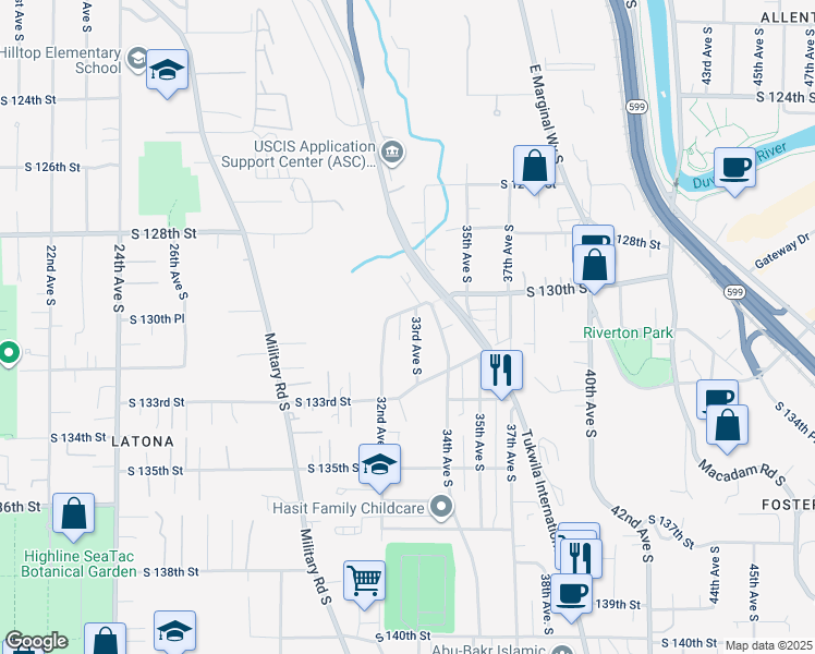 map of restaurants, bars, coffee shops, grocery stores, and more near 13045 33rd Avenue South in Tukwila