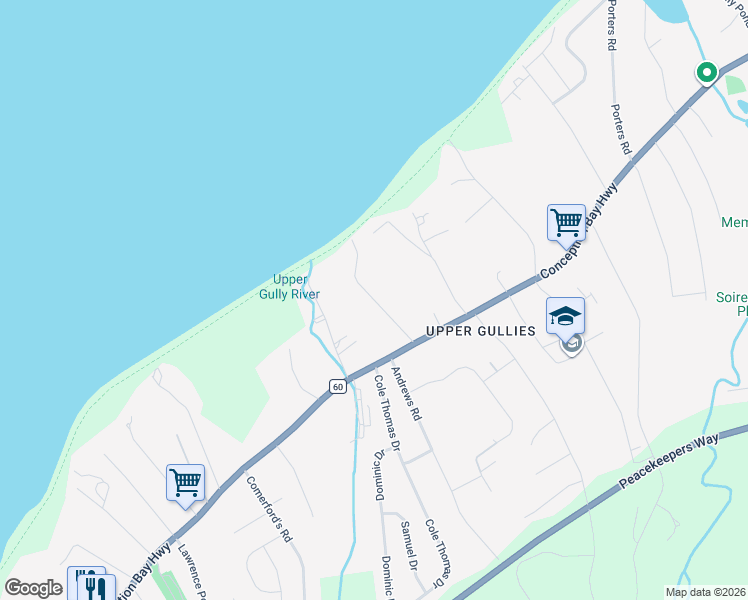 map of restaurants, bars, coffee shops, grocery stores, and more near Kennedys Road in Conception Bay South